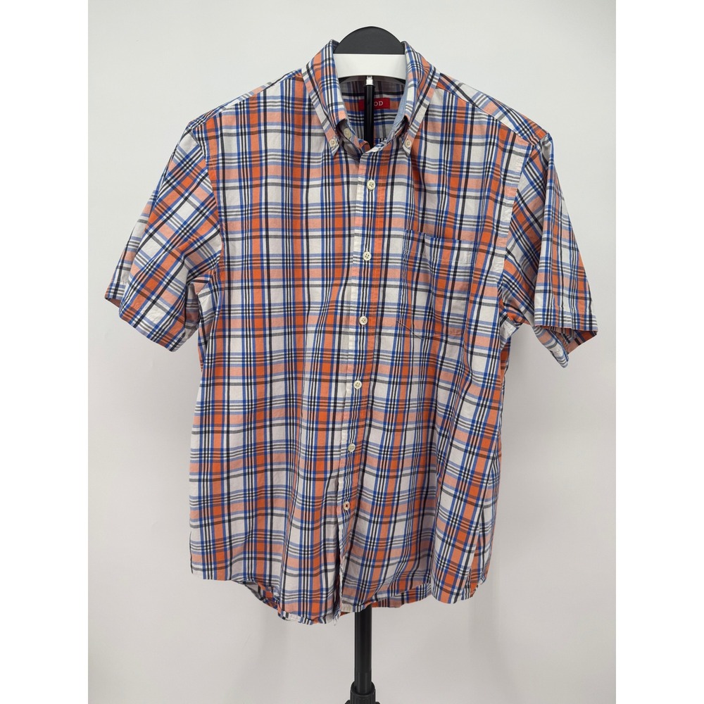 IZOD Saltwater Mens Medium Orange Blue Plaid Short Sleeve Button Down Shirt